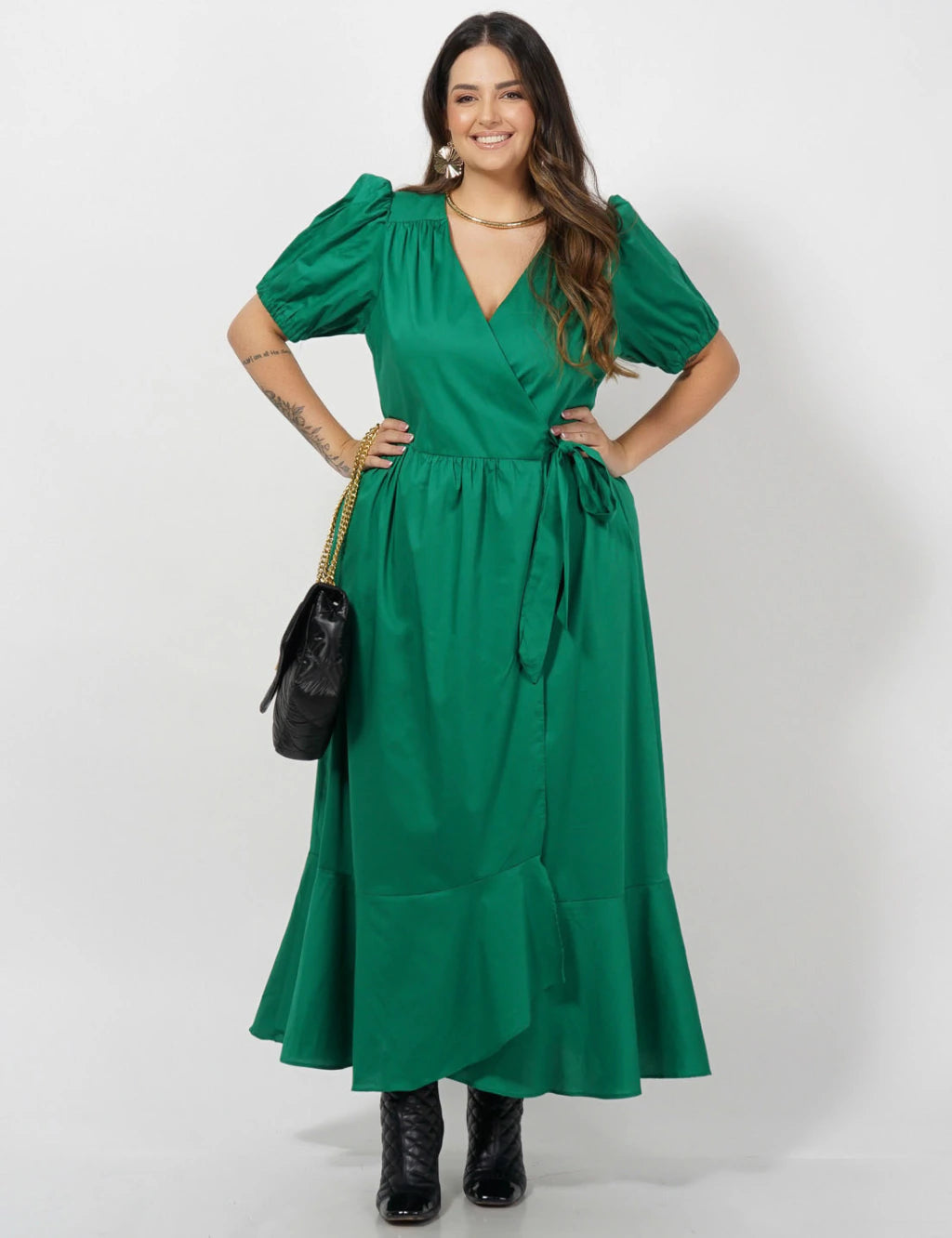 Vestido Longo Tricoline Liso Envelope Verde
