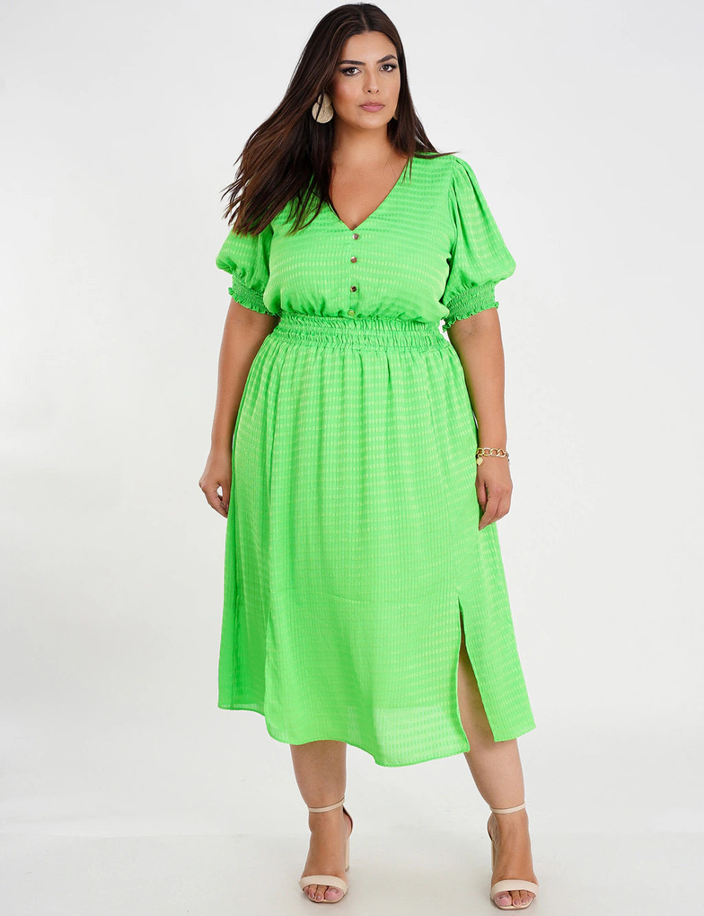 Vestido Midi Crepe Frente Fendas Verde