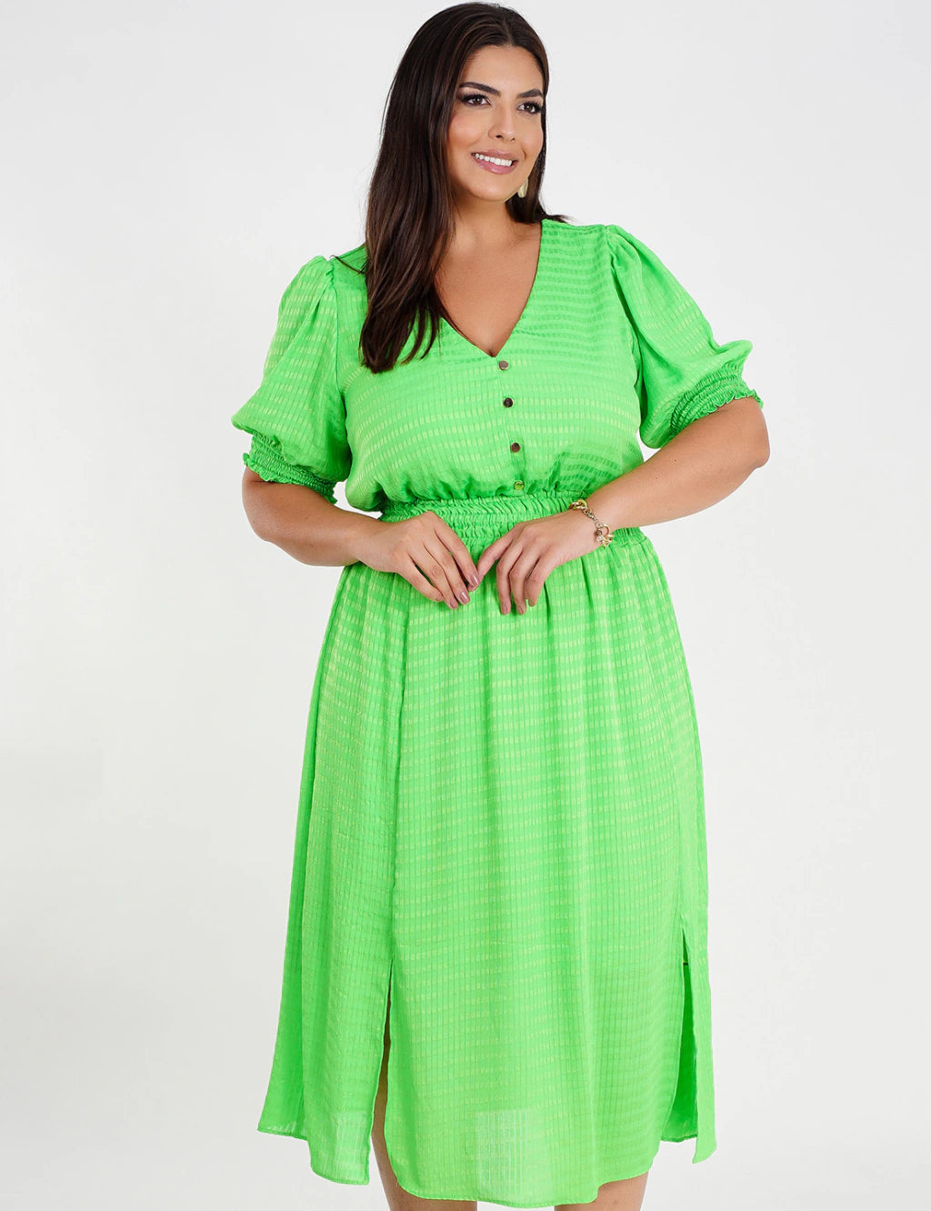Vestido Midi Crepe Frente Fendas Verde