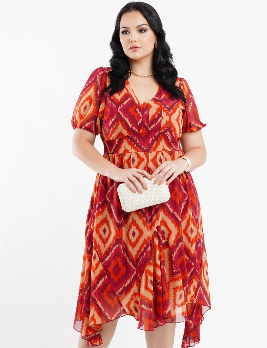 Vestido Midi Chiffon Barra Assimetrica Vinho