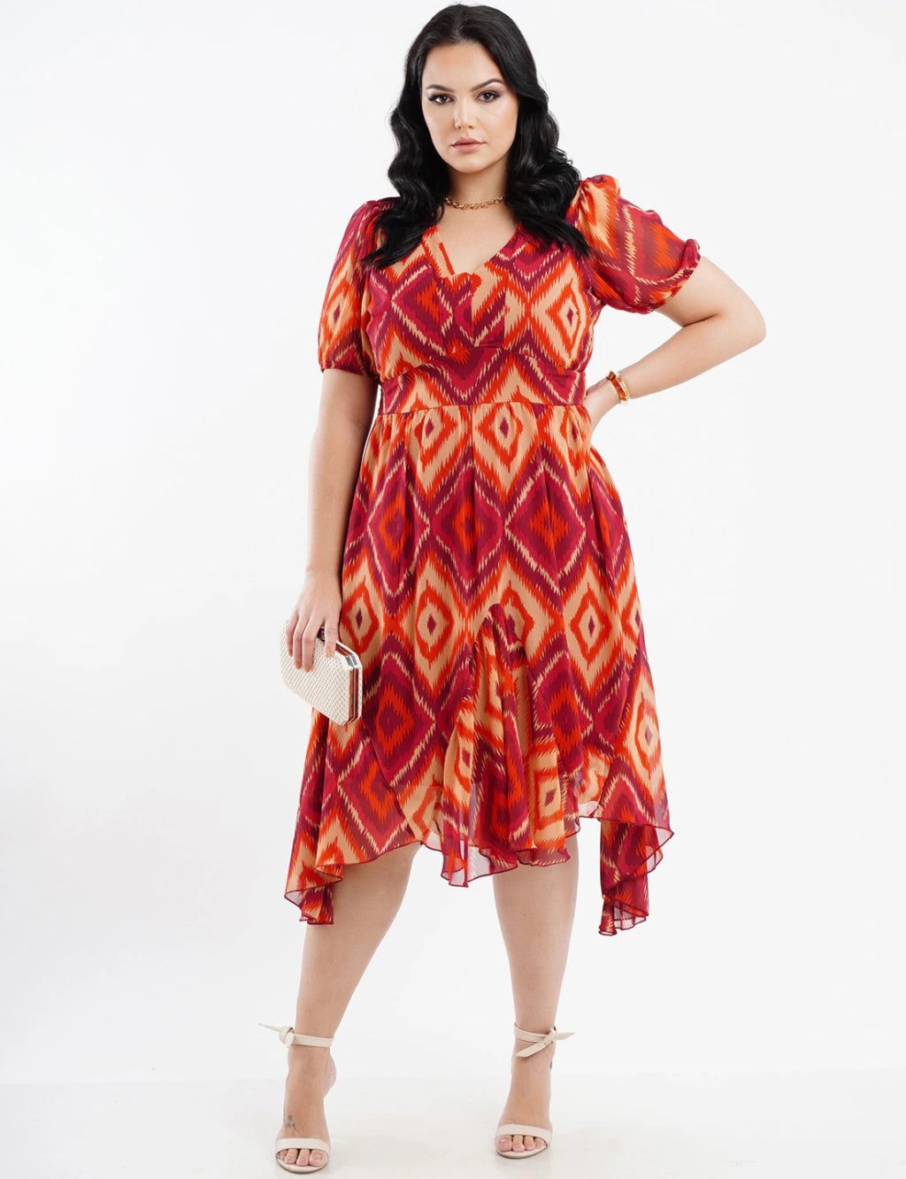 Vestido Midi Chiffon Barra Assimetrica Vinho