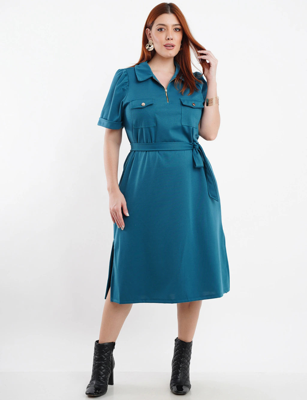 Vestido Midi Pontoroma Liso Bolsos Musgo