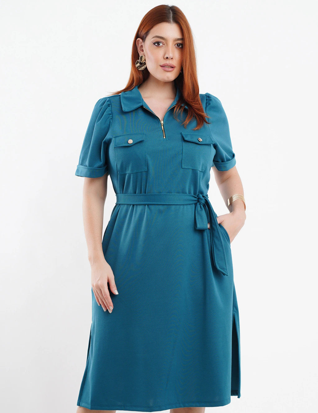 Vestido Midi Pontoroma Liso Bolsos Musgo
