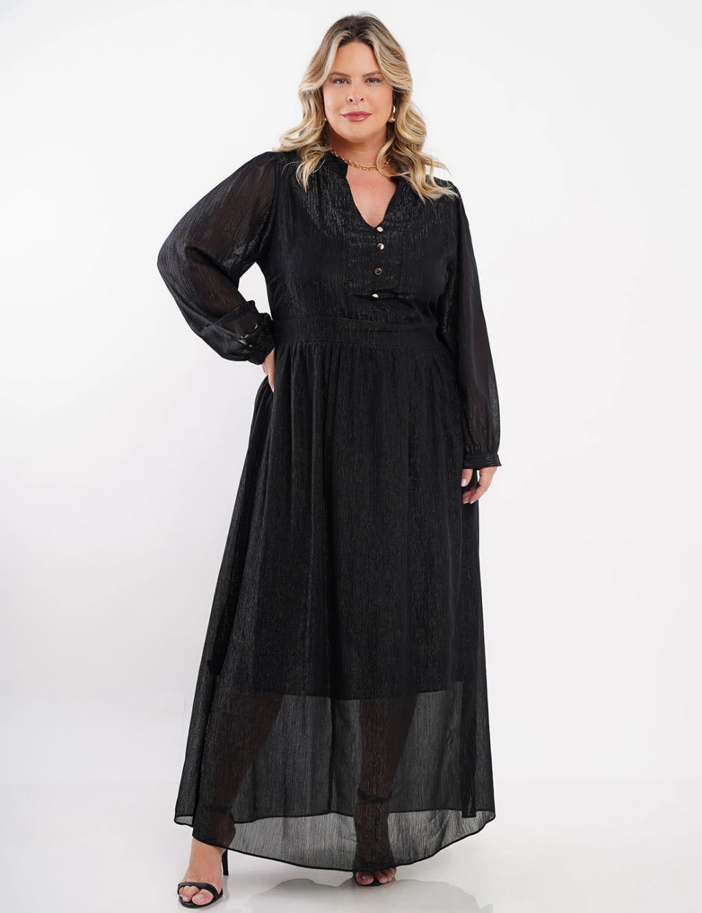 Vestido Longo Chiffon Yoryu Lurex Preto
