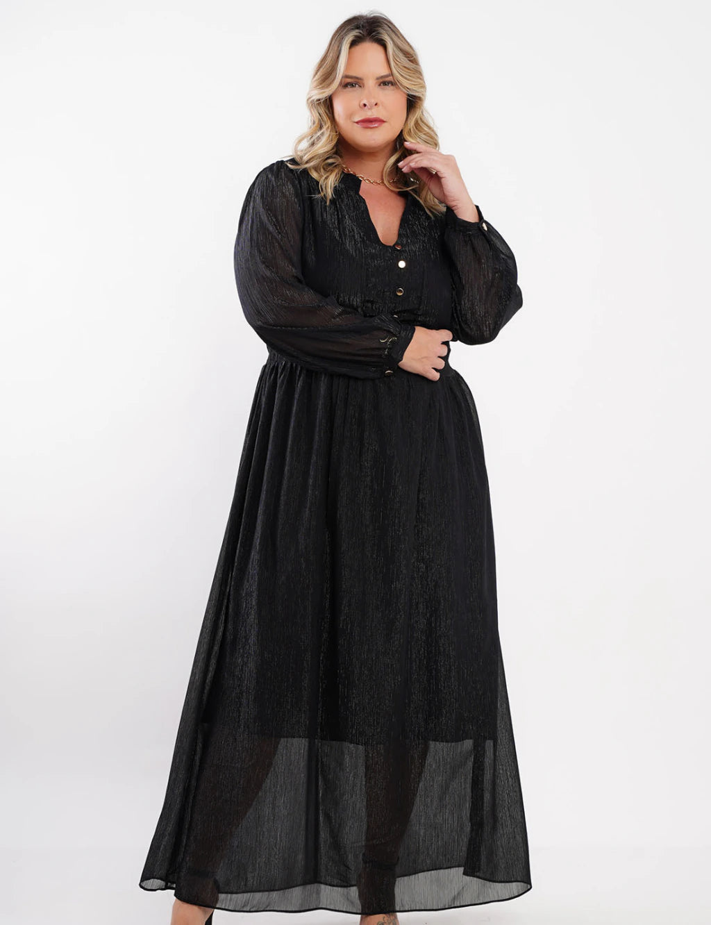 Vestido Longo Chiffon Yoryu Lurex Preto