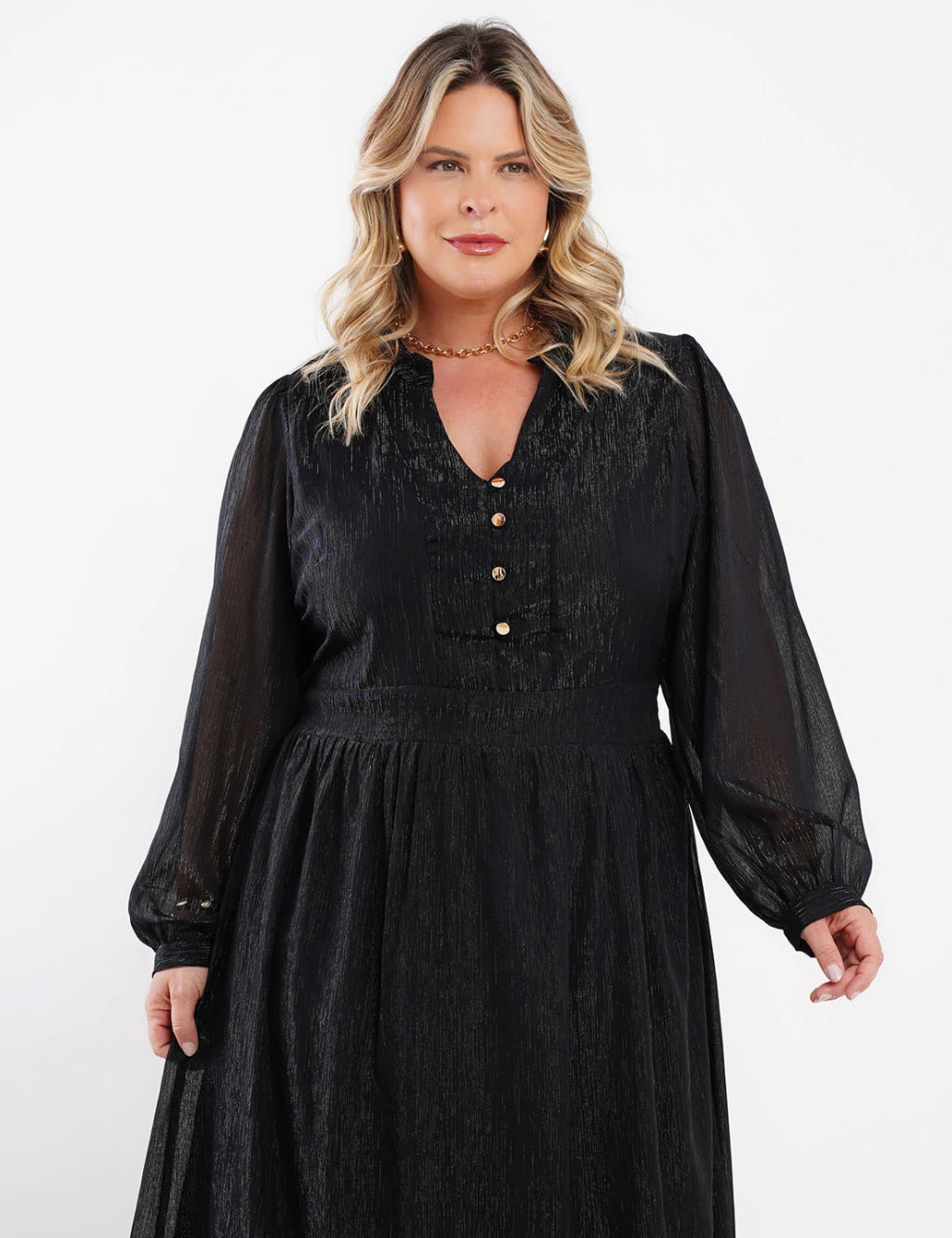 Vestido Longo Chiffon Yoryu Lurex Preto