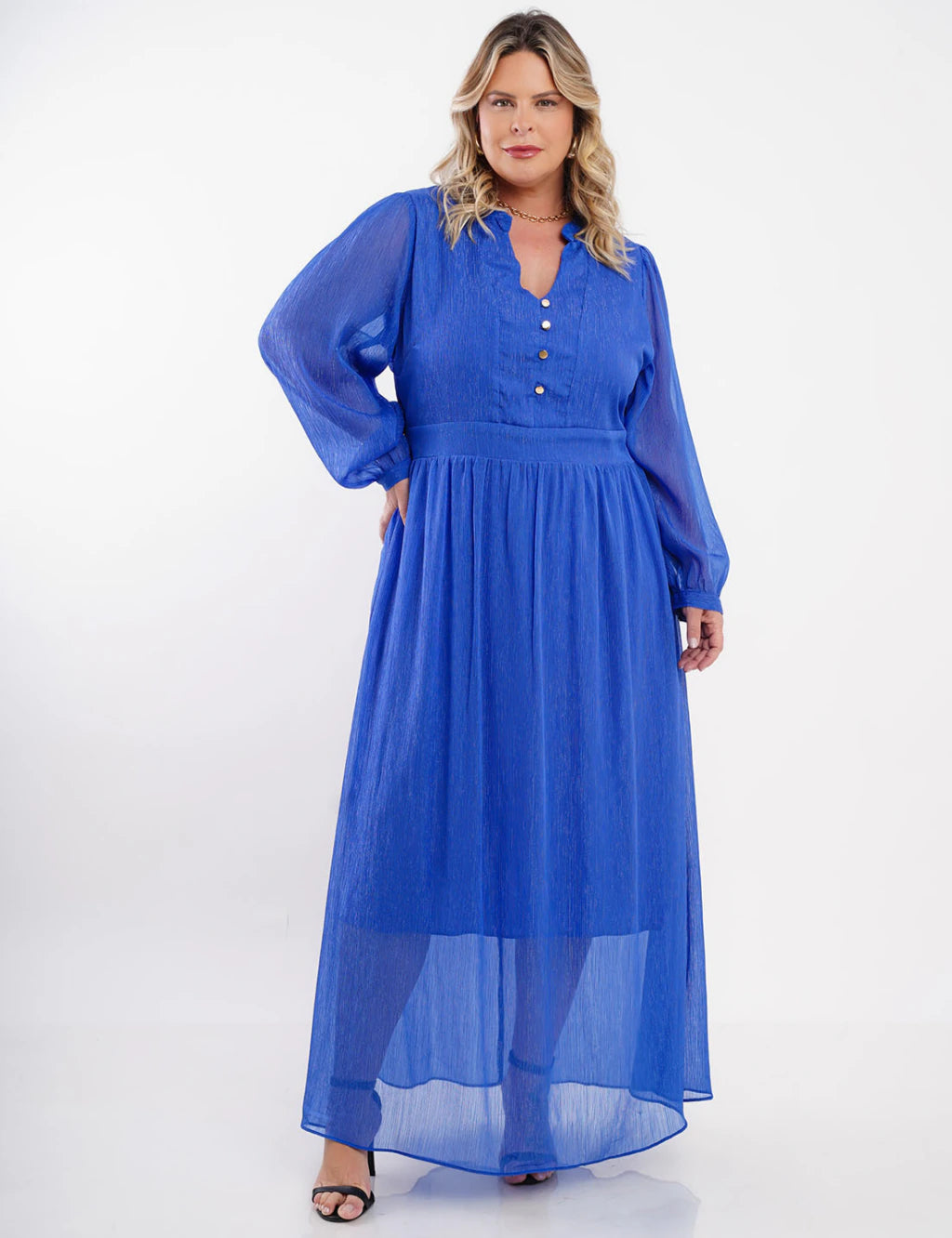 Vestido Longo Chiffon Yoryu Lurex Azul