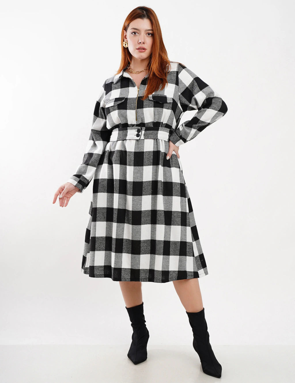 Vestido Midi Flanelado Com Zíper Metal Preto