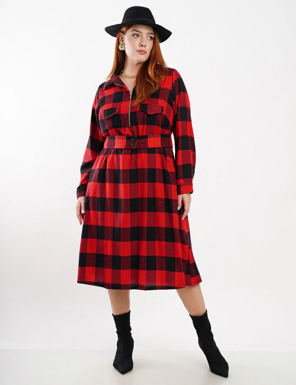 Vestido Midi Flanelado Com Zíper Metal Vermelho