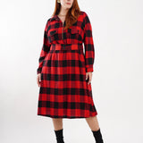 Vestido Midi Flanelado Com Zíper Metal Vermelho
