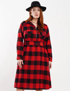 Vestido Midi Flanelado Com Zíper Metal Vermelho