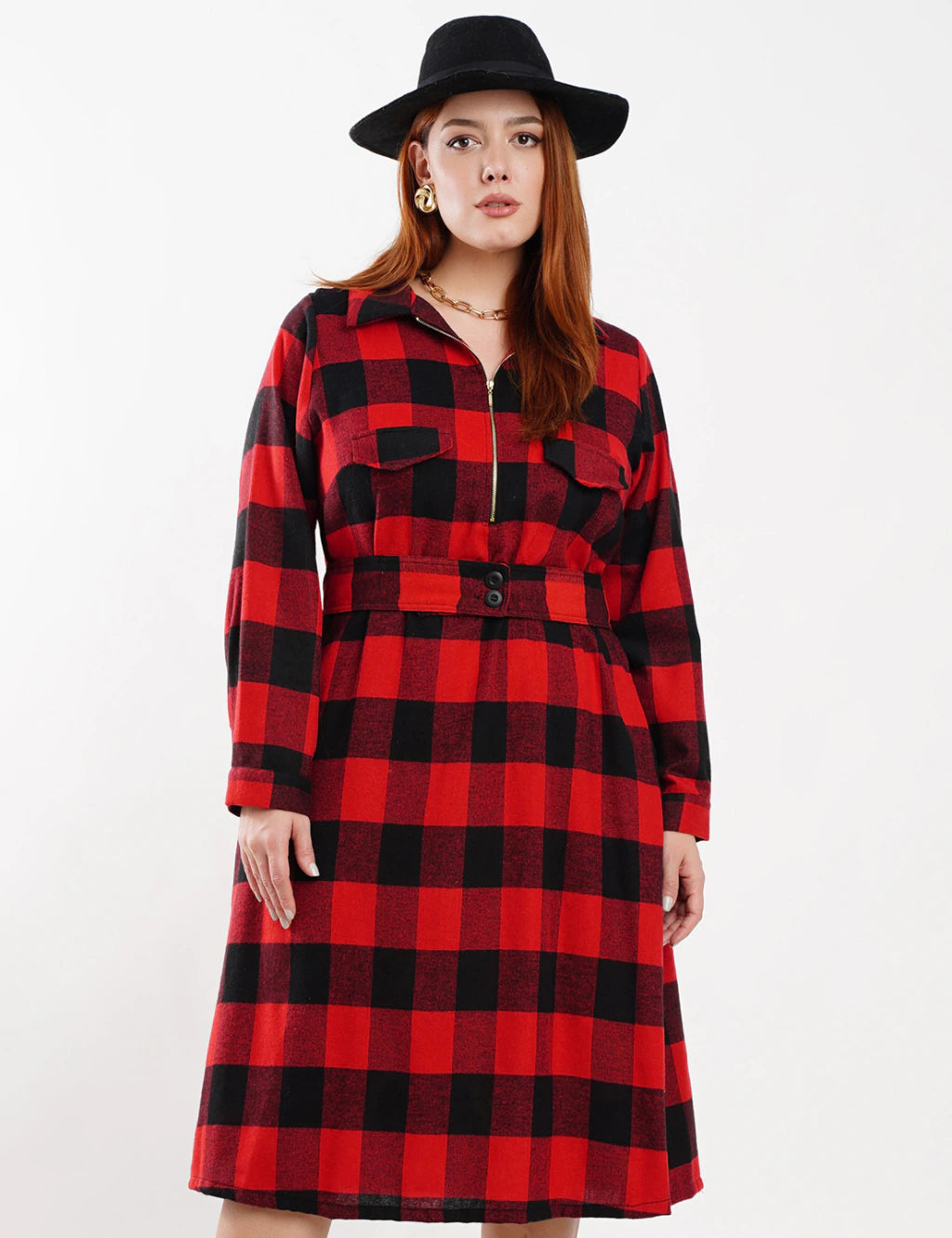 Vestido Midi Flanelado Com Zíper Metal Vermelho