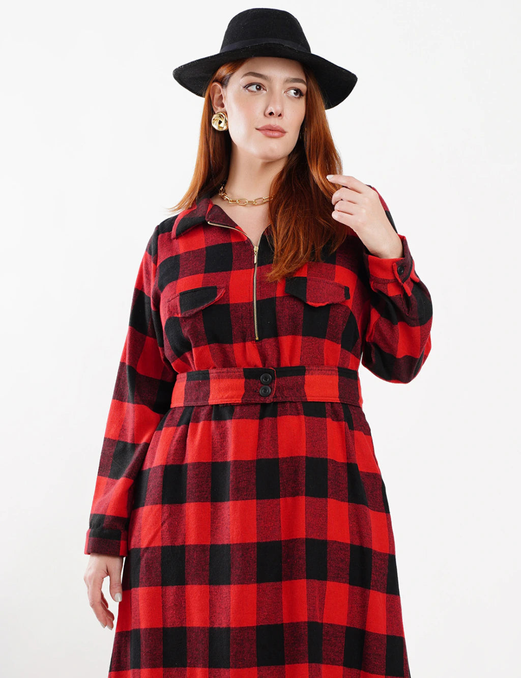 Vestido Midi Flanelado Com Zíper Metal Vermelho
