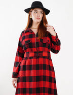Vestido Midi Flanelado Com Zíper Metal Vermelho