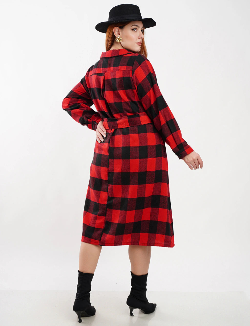 Vestido Midi Flanelado Com Zíper Metal Vermelho