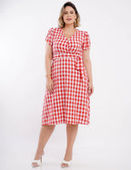 Vestido Midi Limem Xadrez Com Faixa Vermelho