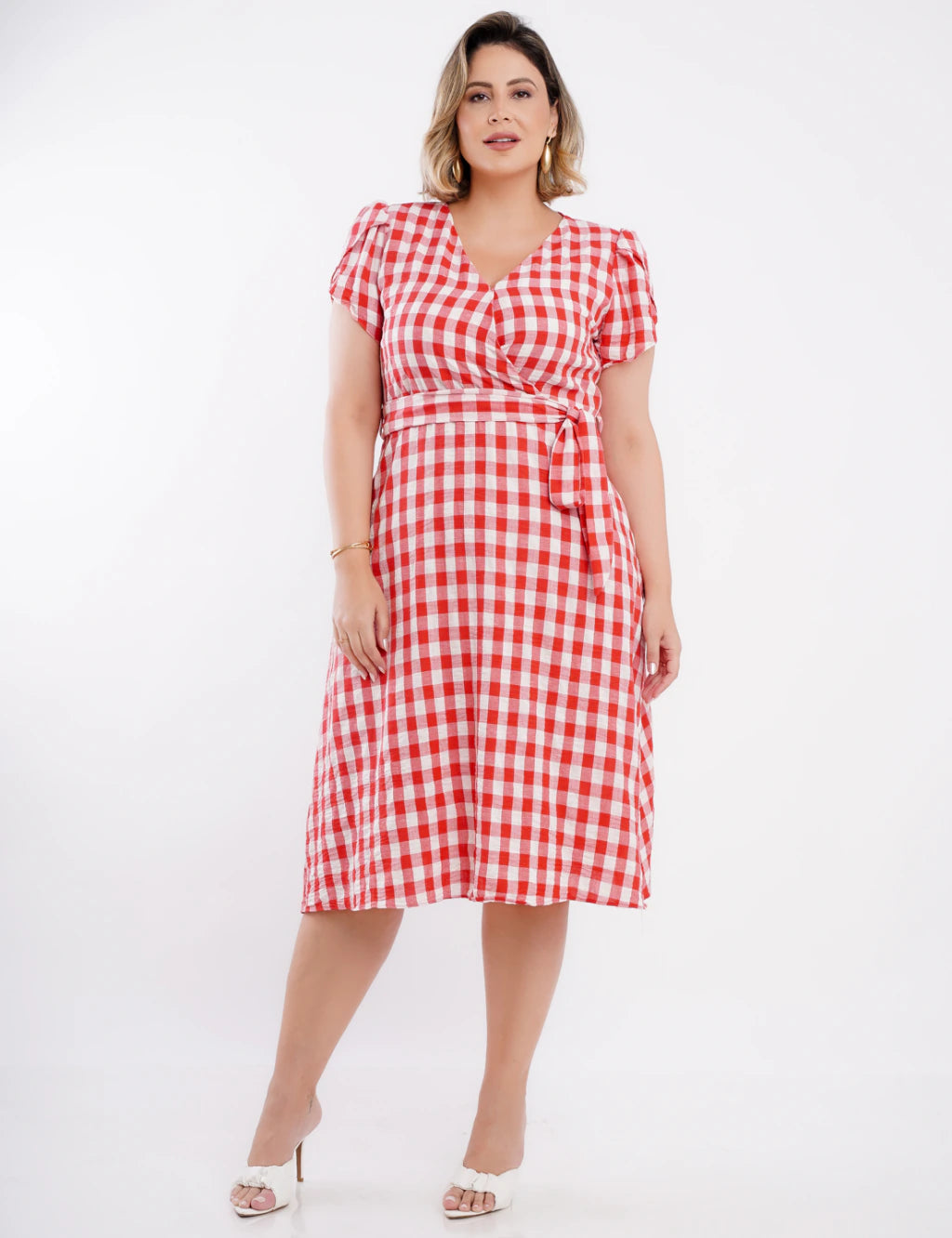 Vestido Midi Limem Xadrez Com Faixa Vermelho