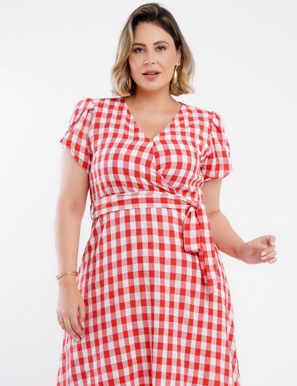 Vestido Midi Limem Xadrez Com Faixa Vermelho
