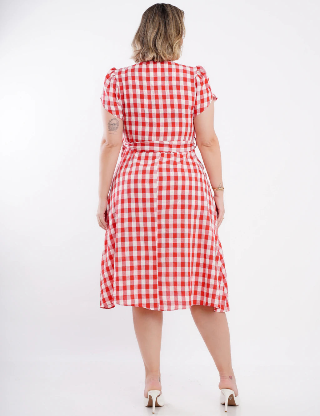 Vestido Midi Limem Xadrez Com Faixa Vermelho