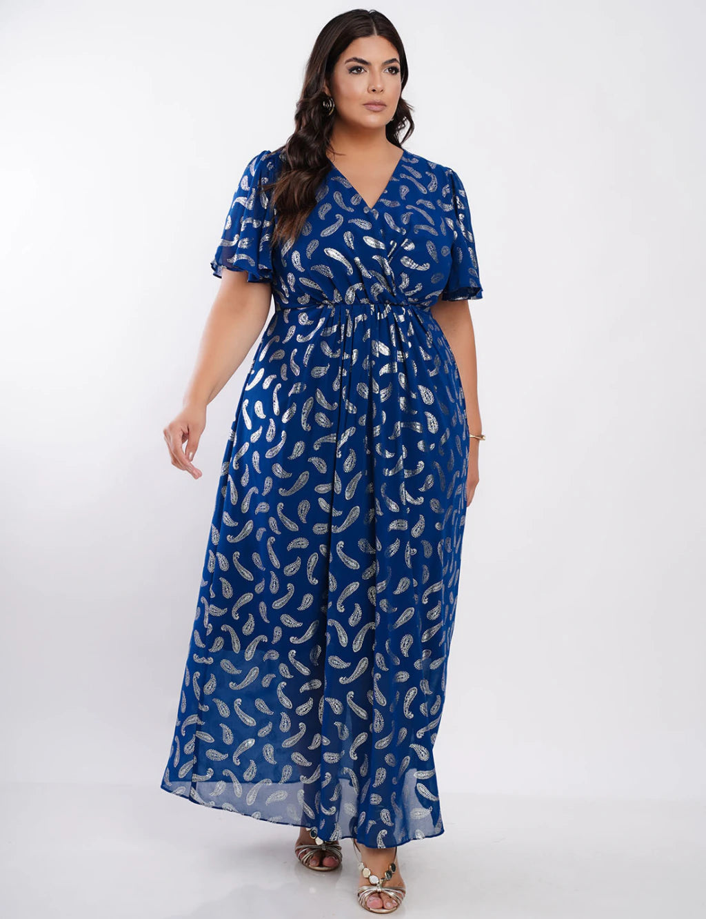 Vestido Longo Chiffon Com Foil Dropeado Marinho