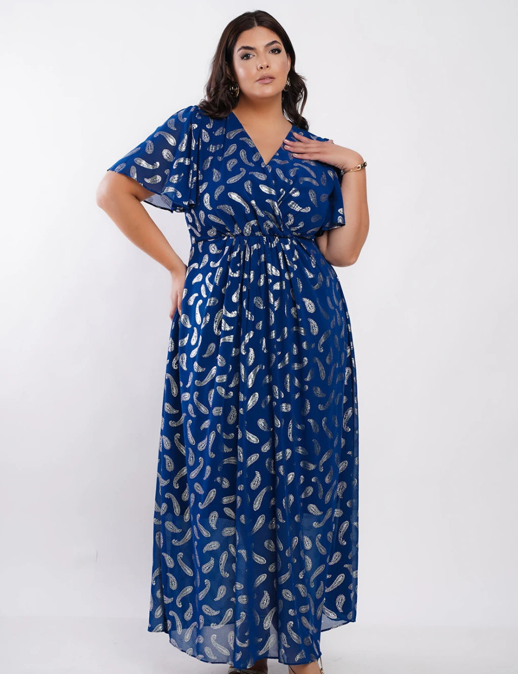 Vestido Longo Chiffon Com Foil Dropeado Marinho