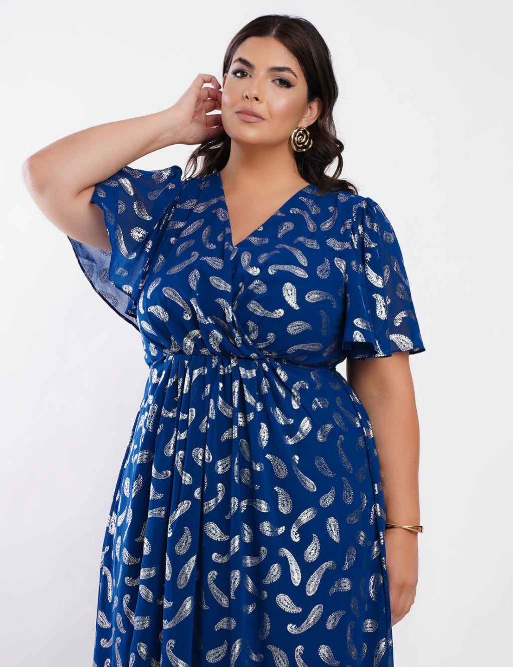Vestido Longo Chiffon Com Foil Dropeado Marinho