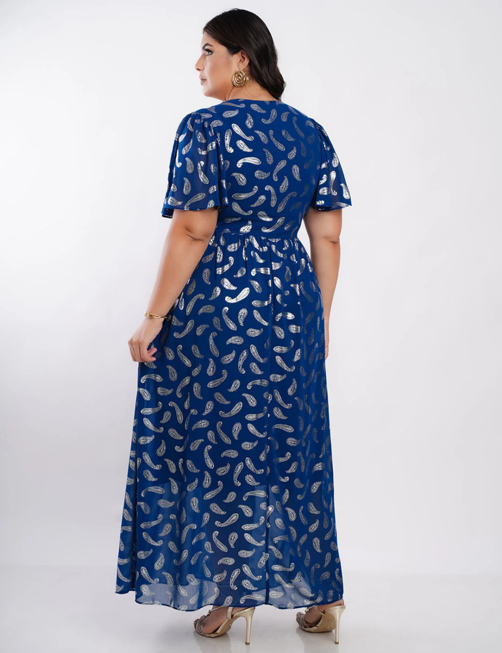 Vestido Longo Chiffon Com Foil Dropeado Marinho