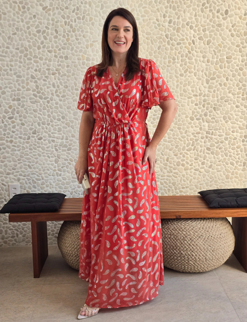 Vestido Longo Chiffon Com Foil Dropeado Telha