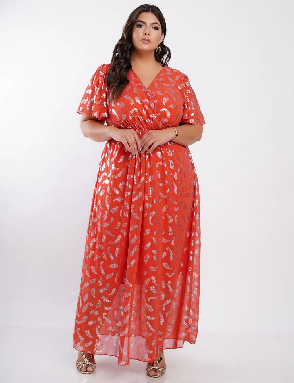 Vestido Longo Chiffon Com Foil Dropeado Telha