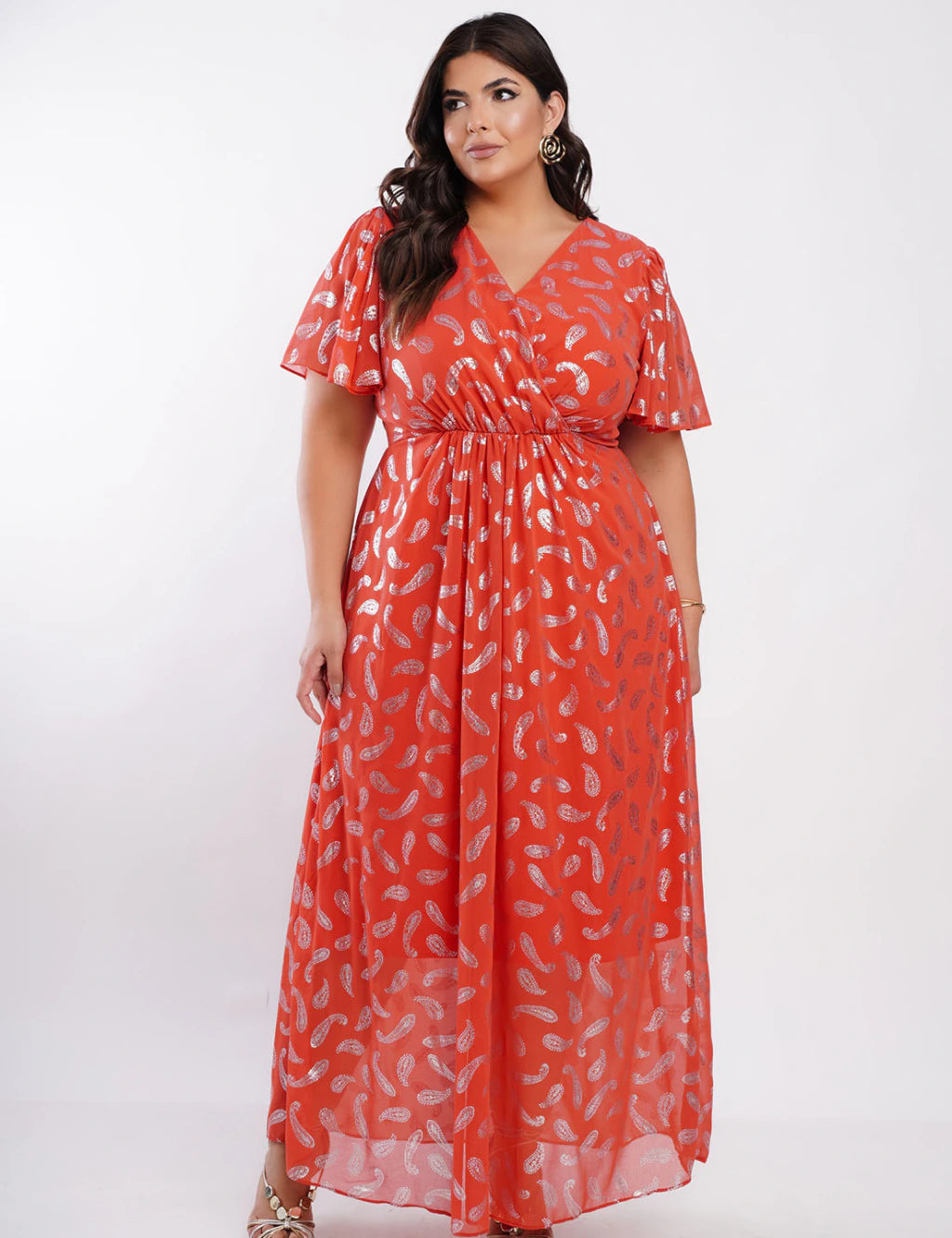 Vestido Longo Chiffon Com Foil Dropeado Telha