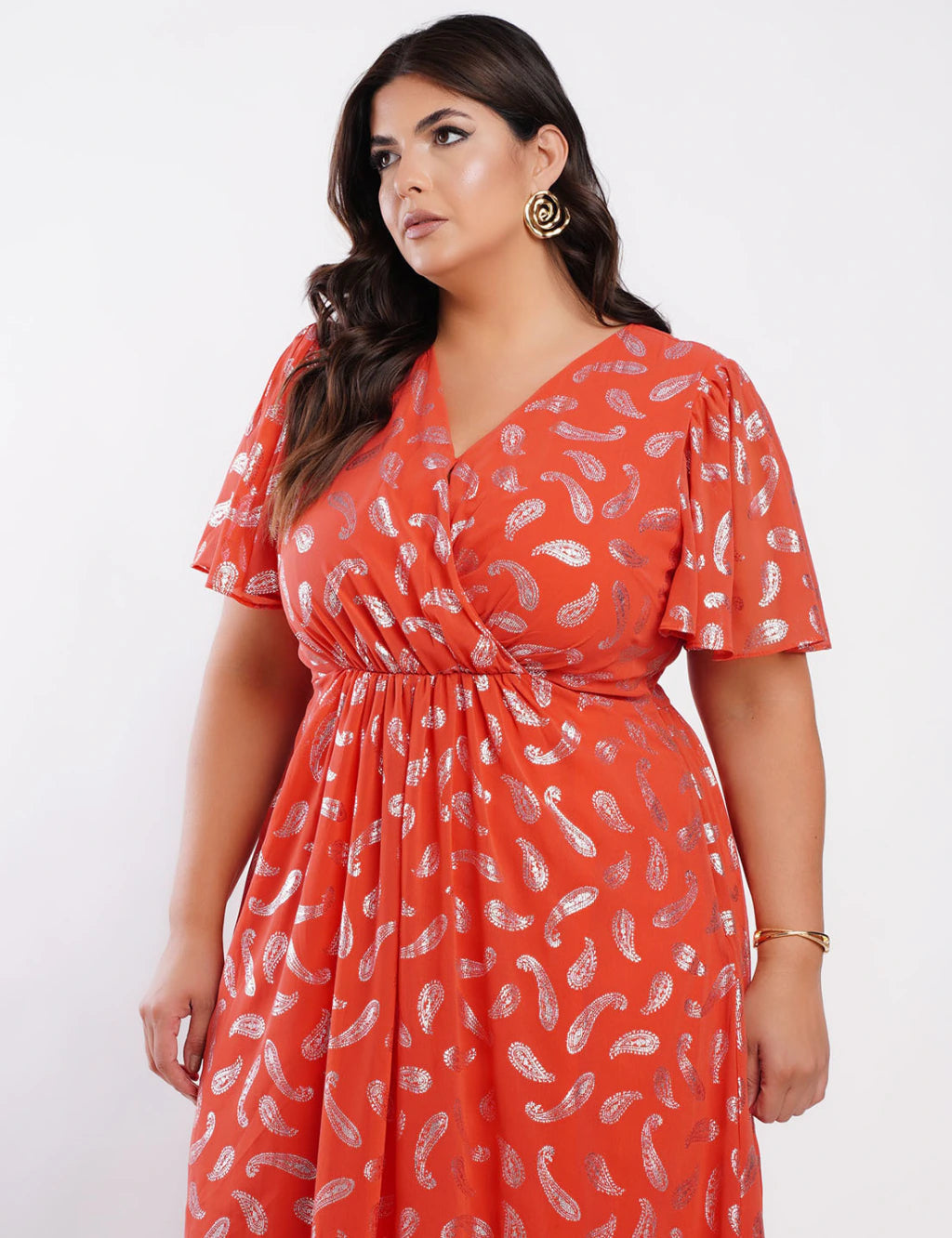 Vestido Longo Chiffon Com Foil Dropeado Telha