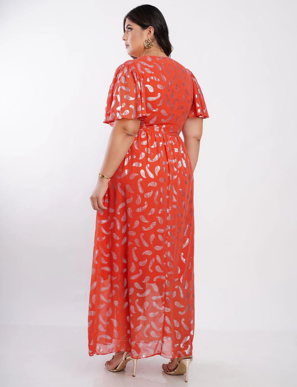 Vestido Longo Chiffon Com Foil Dropeado Telha