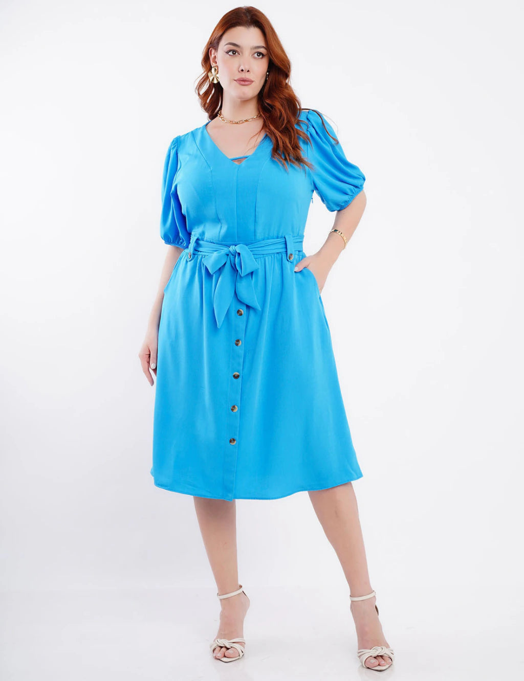 Vestido Curto Crepe Com Botão Azul