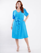 Vestido Curto Crepe Com Botão Azul