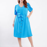 Vestido Curto Crepe Com Botão Azul