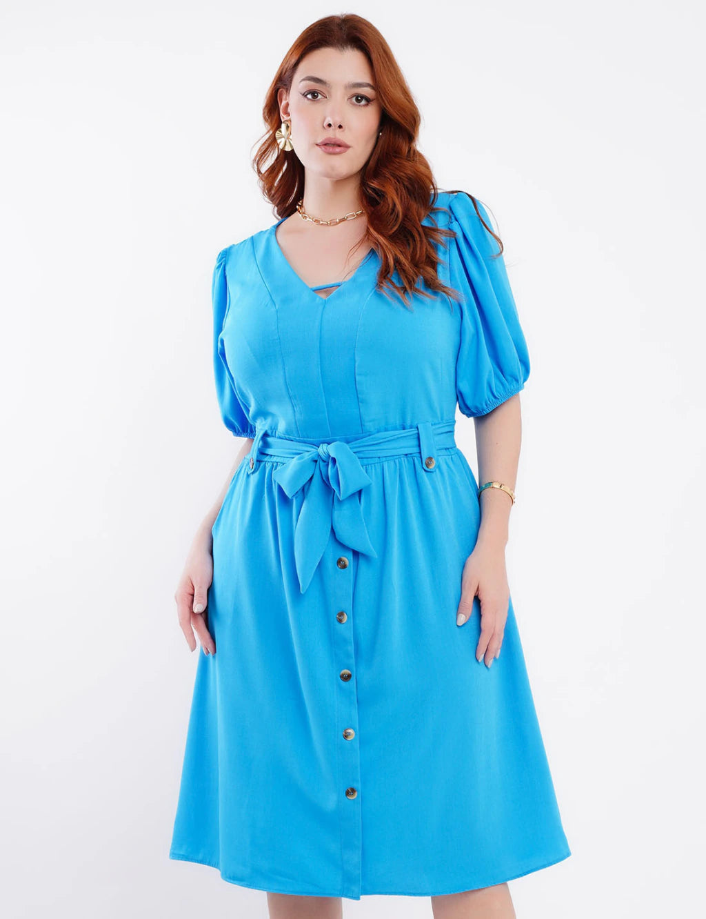 Vestido Curto Crepe Com Botão Azul