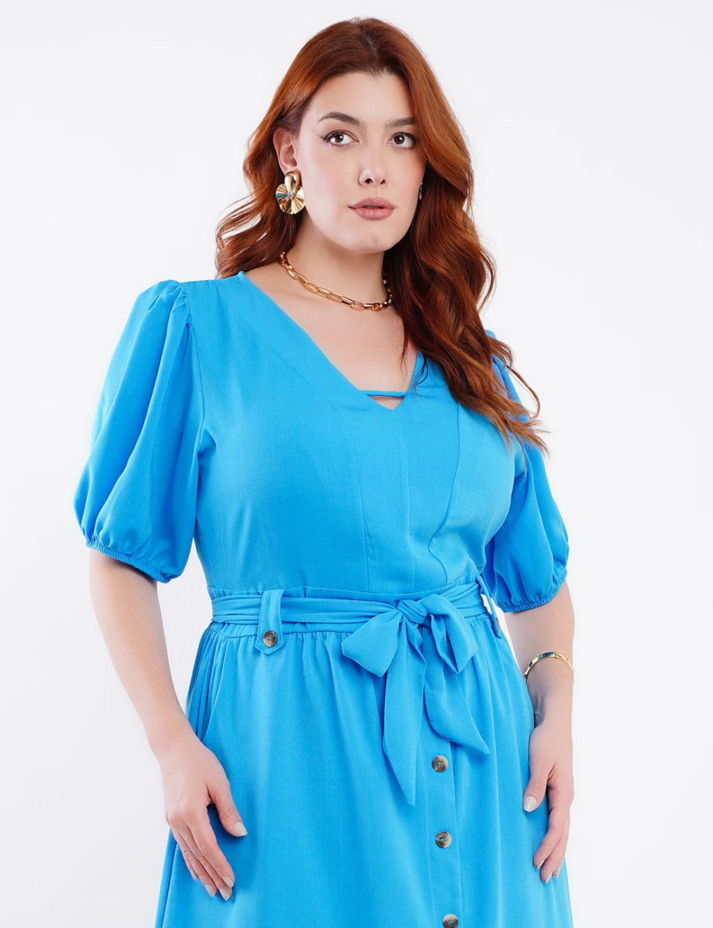 Vestido Curto Crepe Com Botão Azul