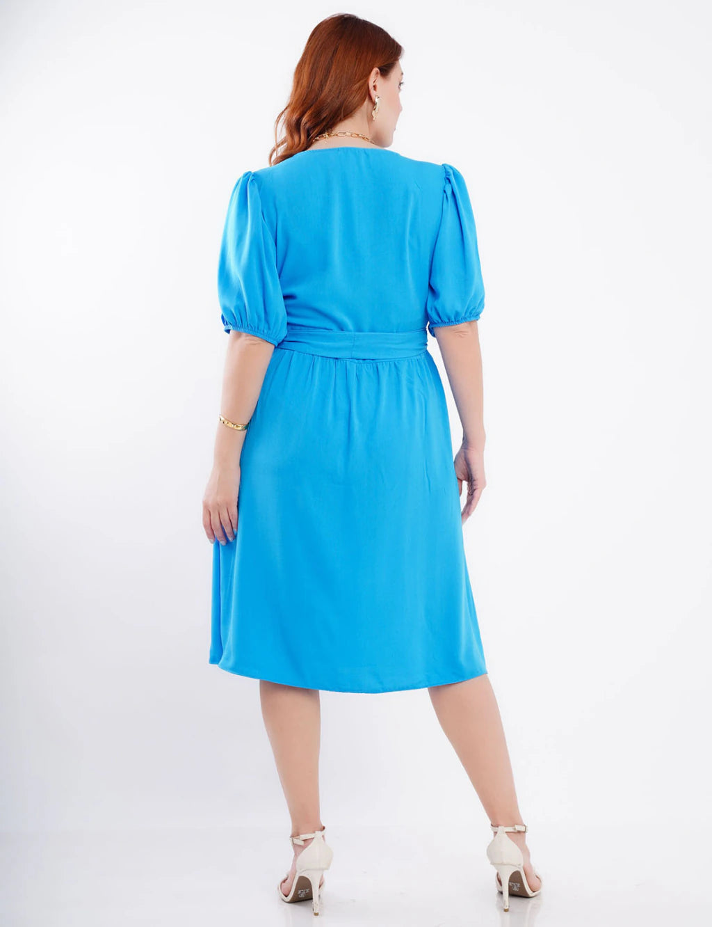 Vestido Curto Crepe Com Botão Azul