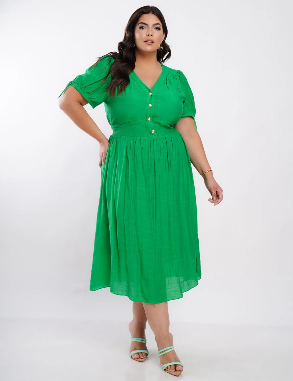 Vestido Midi Poliviscose Com Botão Metal Verde