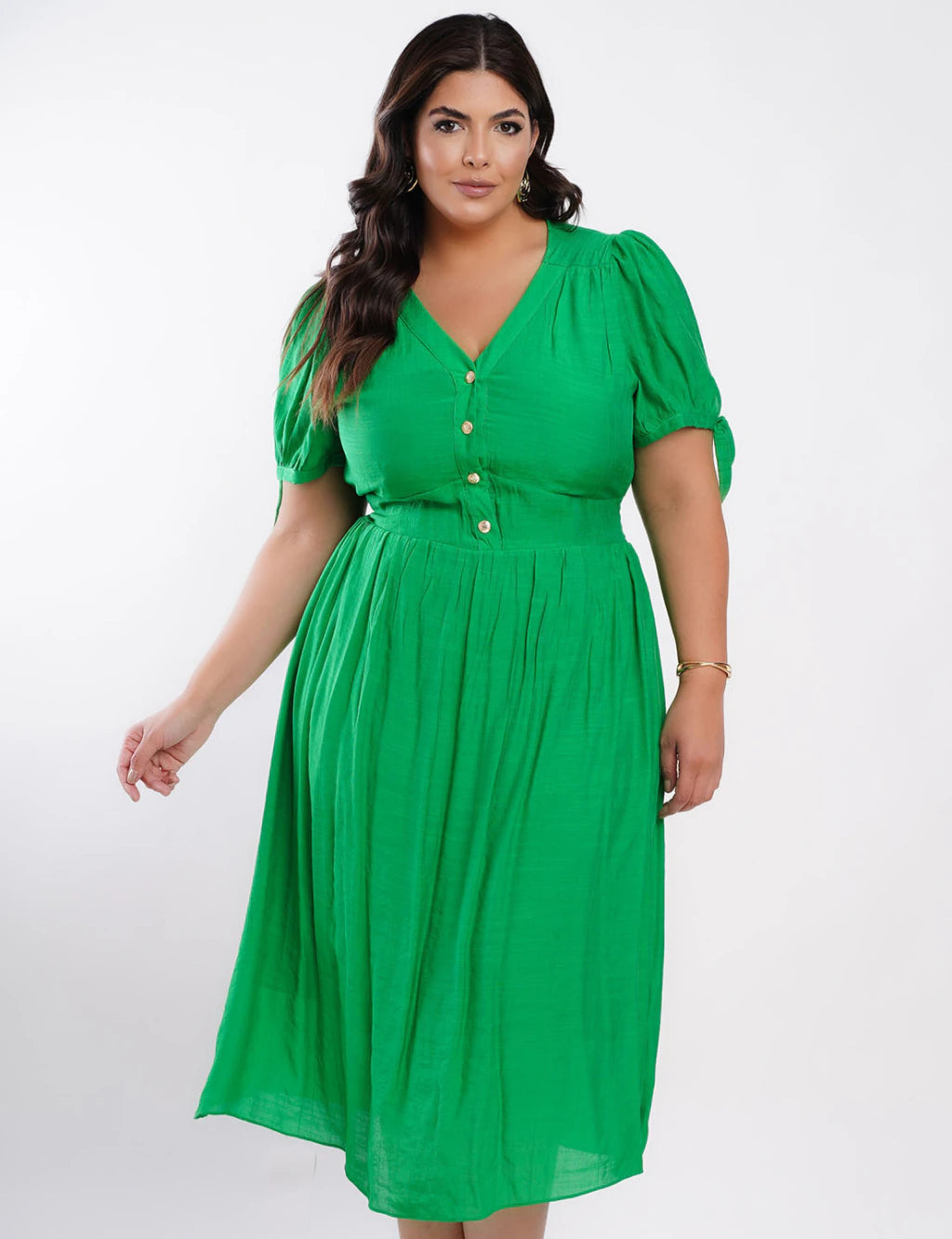 Vestido Midi Poliviscose Com Botão Metal Verde