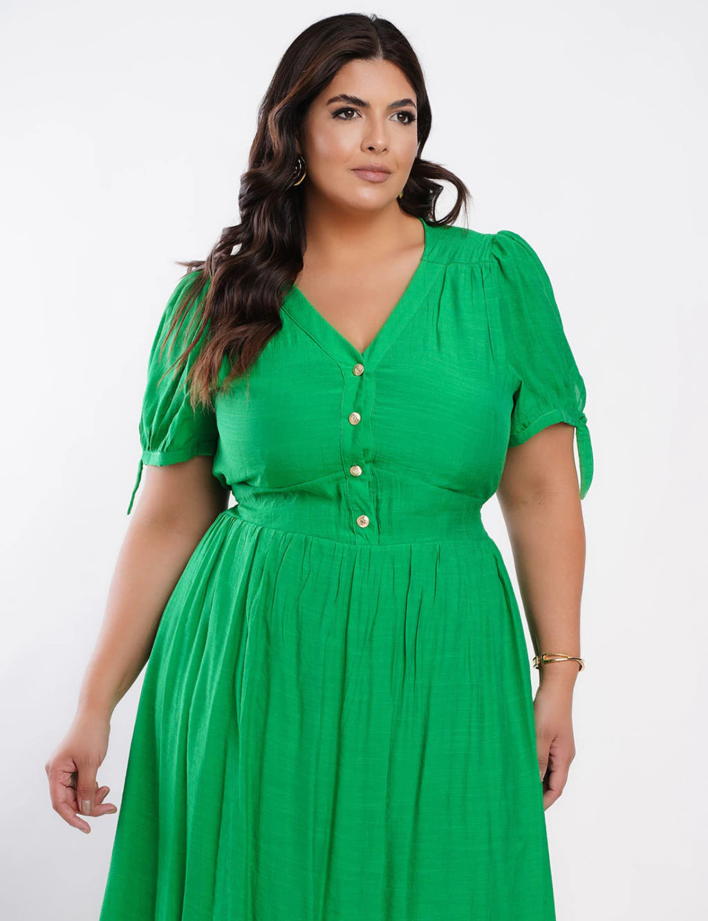 Vestido Midi Poliviscose Com Botão Metal Verde
