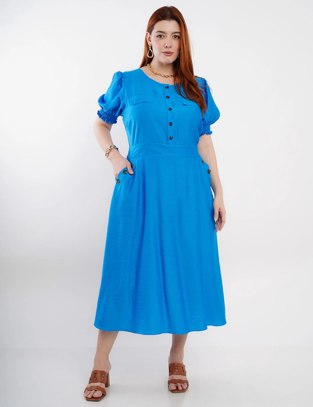 Vestido Midi Viscose Com Poliamida Botão Azul