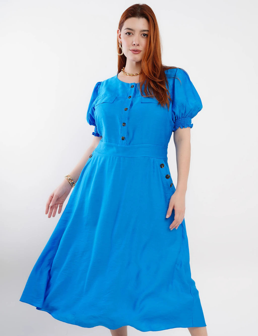 Vestido Midi Viscose Com Poliamida Botão Azul