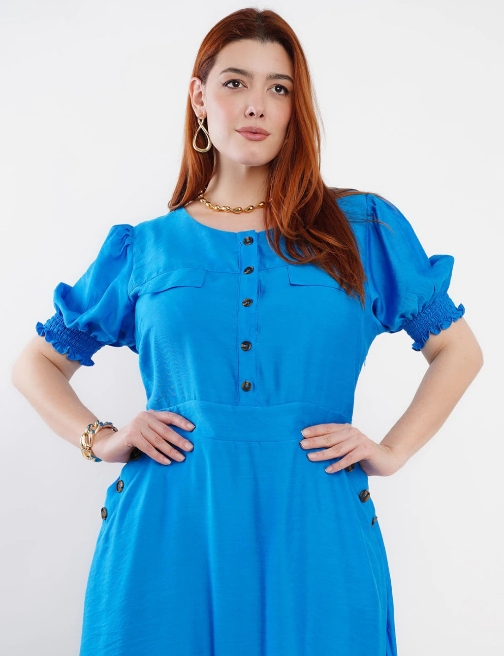 Vestido Midi Viscose Com Poliamida Botão Azul