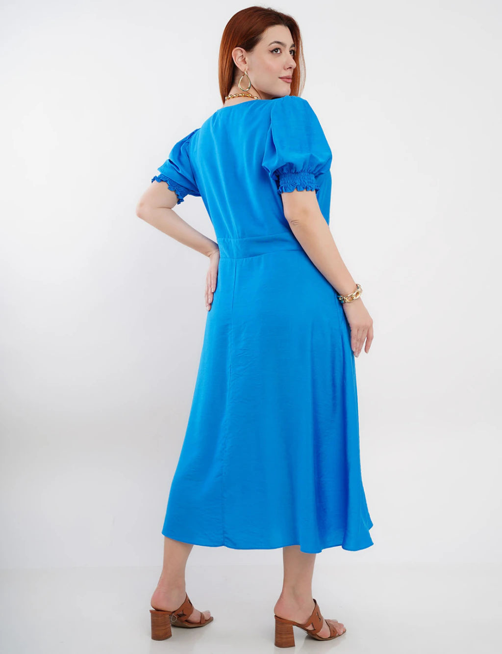 Vestido Midi Viscose Com Poliamida Botão Azul