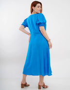 Vestido Midi Viscose Com Poliamida Botão Azul