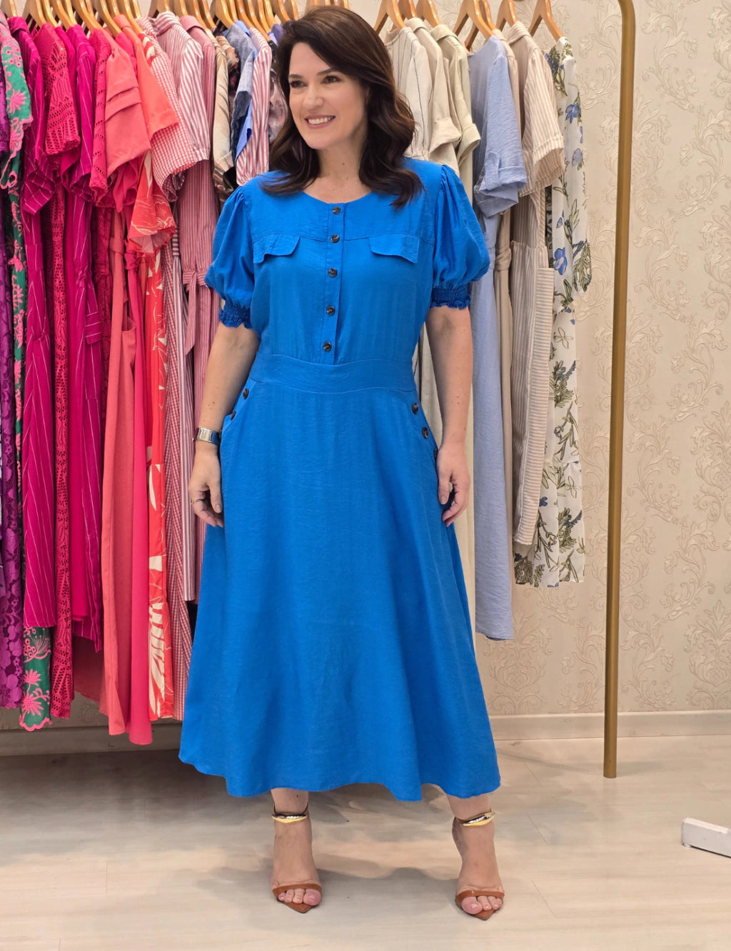 Vestido Midi Viscose Com Poliamida Botão Azul