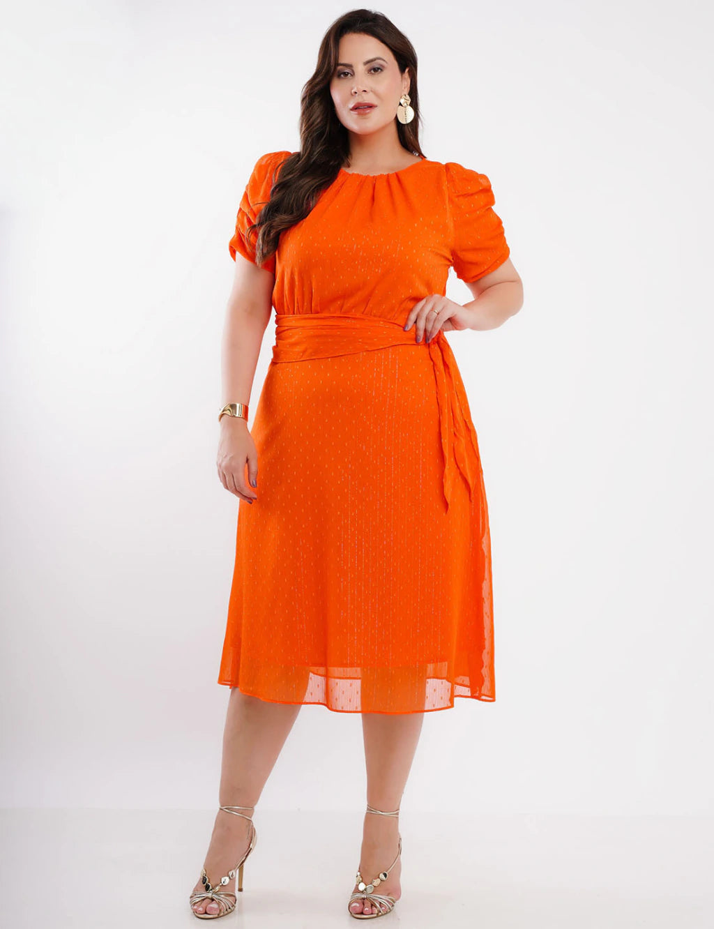 Vestido Midi Chiffon Textura Com Lurex Laranja