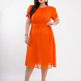 Vestido Midi Chiffon Textura Com Lurex Laranja