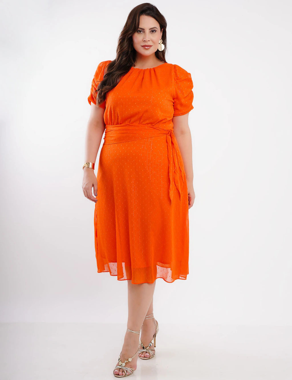 Vestido Midi Chiffon Textura Com Lurex Laranja